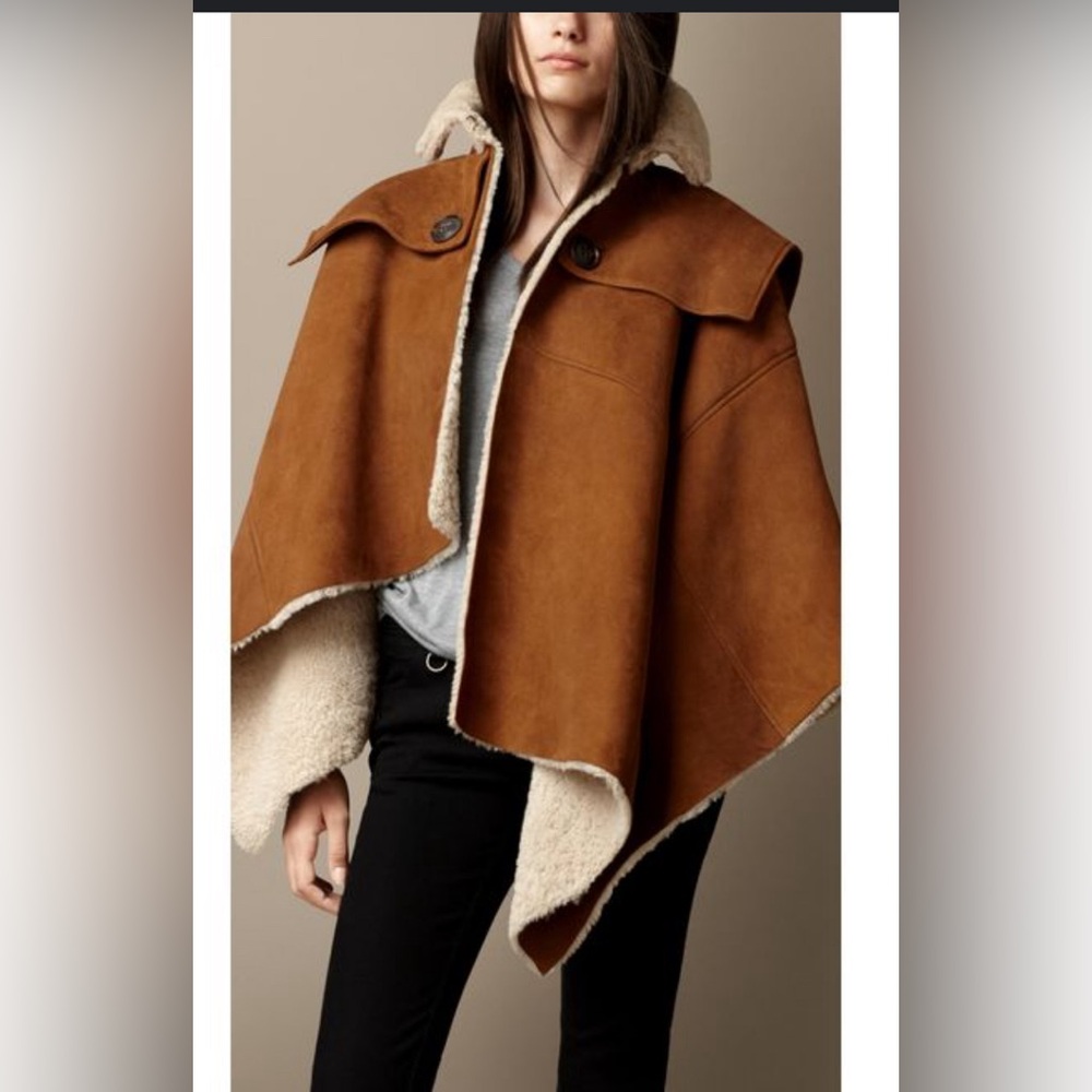 Burberry Suede Shearling Cape in Chestnut Brown and Cream